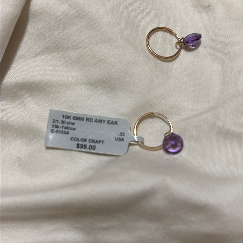 Gold and Amethyst  Hoop Earrings - Picture 4 of 4